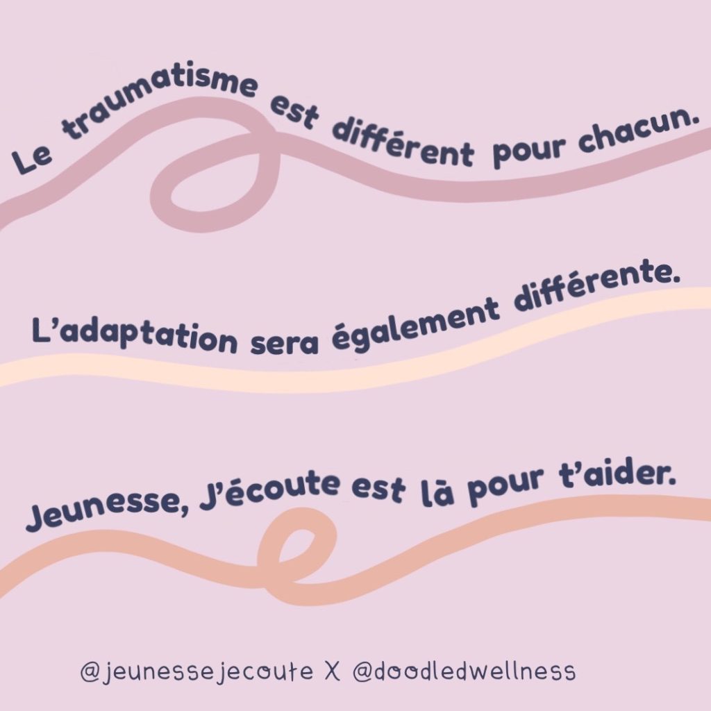 Une illustration de lignes pliées et bouclées avec le texte suivant : « Le traumatisme est différent pour chacun. L'adaptation sera également différente. Jeunesse, J'écoute est là pour t’aider. »