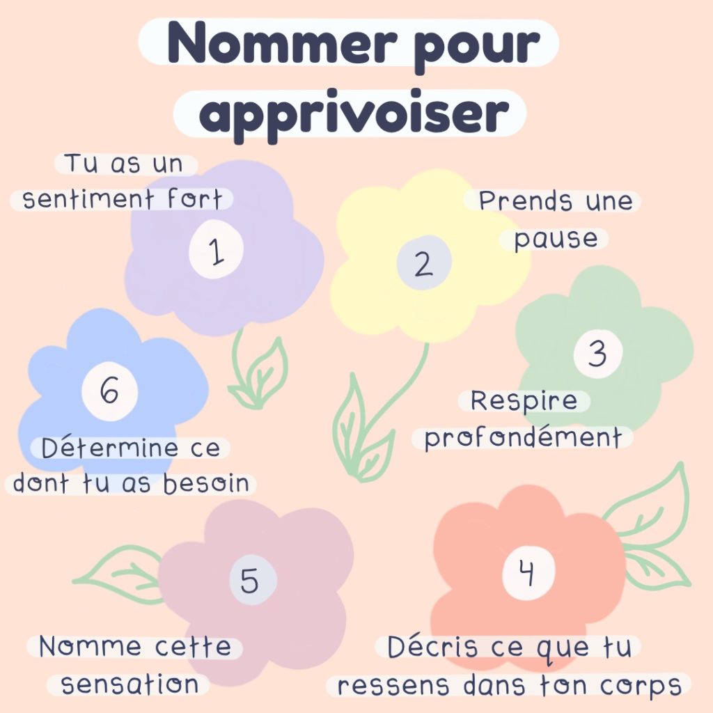 Une illustration de six fleurs avec le texte suivant : « Nommer pour apprivoiser : 1. Tu as un sentiment fort 2. Prends une pause 3. Respire profondément 4. Décris ce que tu ressens dans ton corps 5. Nomme cette sensation 6. Détermine ce dont tu as besoin ».